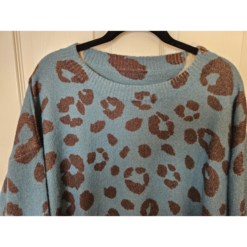 Blue & Brown Leopard Print Wool Blend Drop Shoulder Pullover Sweater, Plus 3XL - Picture 2 of 5